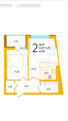 Продажа 2-комнатной квартиры 45 м², 19/24 этаж