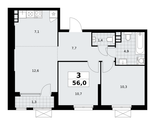 56 м², 3-комн. квартира, 11/30 этаж