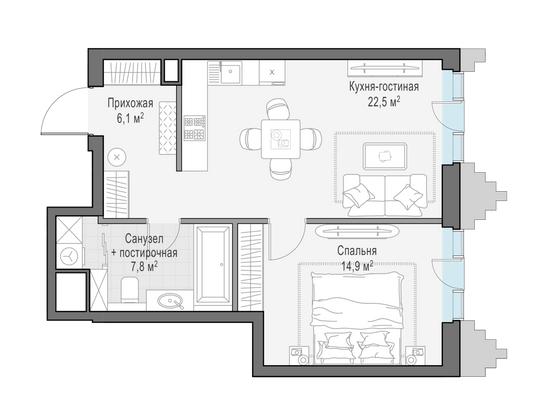 51,1 м², 1-комн. квартира, 2/2 этаж