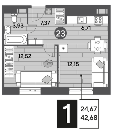 Продажа 1-комнатной квартиры 42,7 м², 6/9 этаж