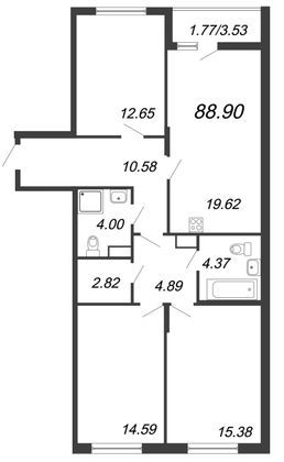 88,9 м², 4-комн. квартира, 13/15 этаж