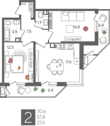 Продажа 2-комнатной квартиры 70,6 м², 6/24 этаж