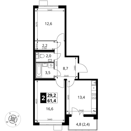 61,4 м², 2-комн. квартира, 22/24 этаж