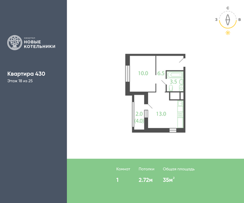 35 м², 1-комн. квартира, 18/25 этаж