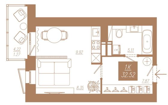 Продажа 1-комнатной квартиры 32,5 м², 2/23 этаж