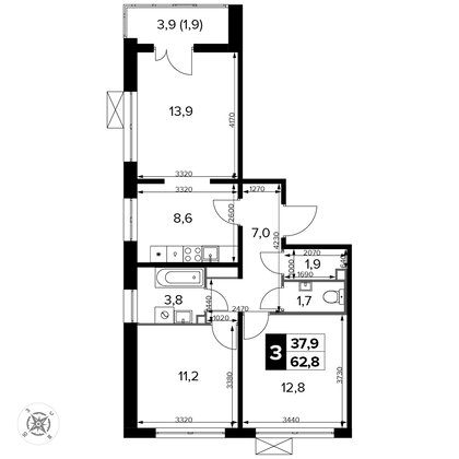 62,8 м², 3-комн. квартира, 3/14 этаж