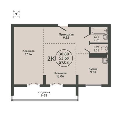 57 м², 2-комн. квартира, 8/9 этаж