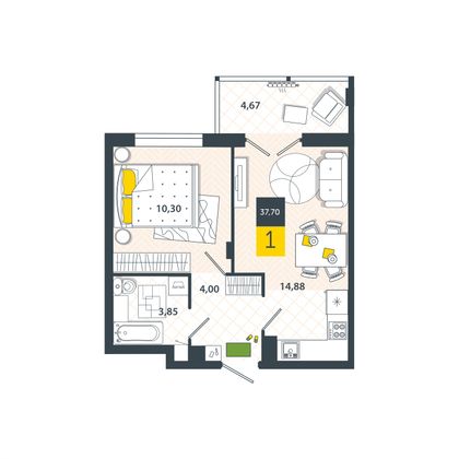 Продажа 1-комнатной квартиры 37,7 м², 1/8 этаж