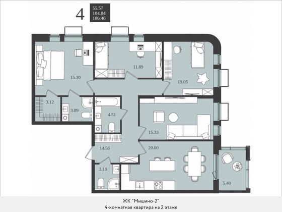Продажа 4-комнатной квартиры 106,5 м², 2/5 этаж