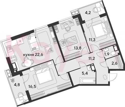 Продажа 4-комнатной квартиры 85,3 м², 12/18 этаж