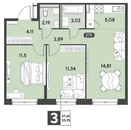 Продажа 3-комнатной квартиры 56 м², 24/25 этаж