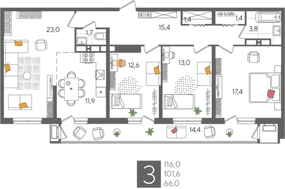 Продажа 3-комнатной квартиры 116 м², 24/24 этаж