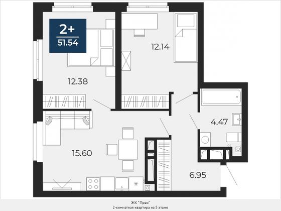 51,5 м², 2-комн. квартира, 5/24 этаж