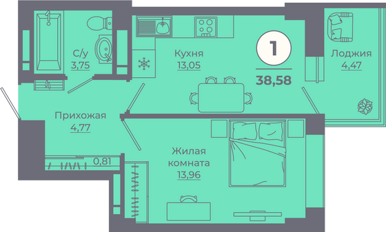 Продажа 1-комнатной квартиры 38,5 м², 17/25 этаж