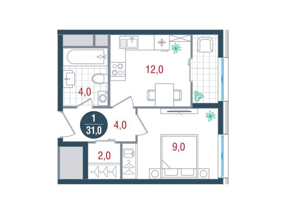 31 м², 1-комн. квартира, 23/26 этаж