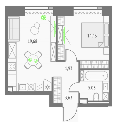 44,7 м², 1-комн. квартира, 26/57 этаж