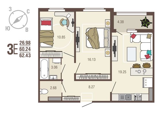 62,4 м², 2-комн. квартира, 2/10 этаж