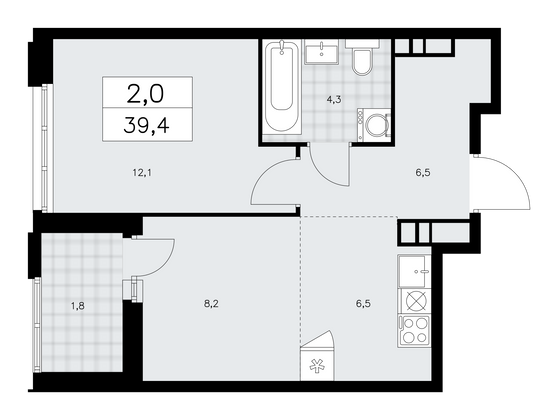 39,4 м², 2-комн. квартира, 12/16 этаж