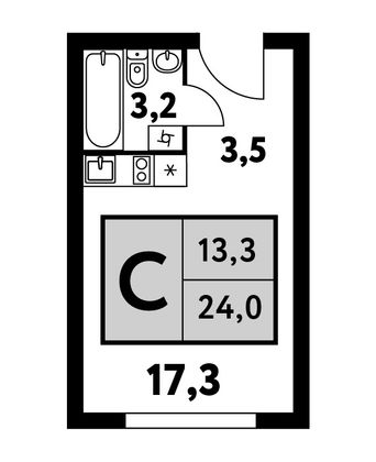 24 м², студия, 17/35 этаж