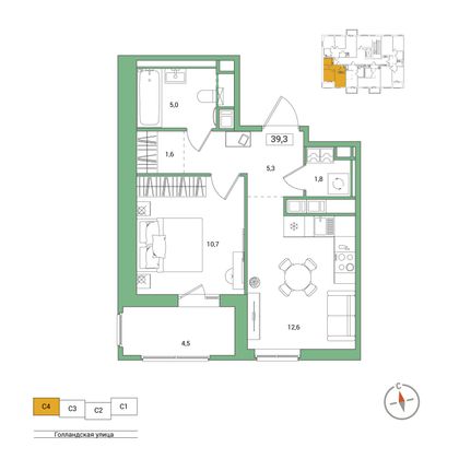 39,3 м², 2-комн. квартира, 7/11 этаж