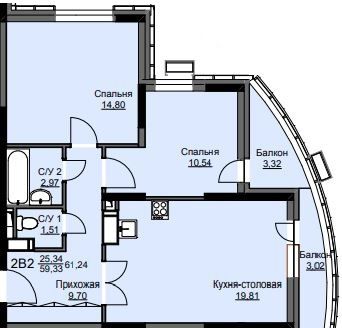 Продажа 2-комнатной квартиры 61,2 м², 14/17 этаж