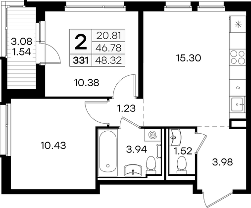 48,3 м², 2-комн. квартира, 3/9 этаж