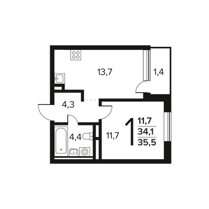 Продажа 1-комнатной квартиры 35,5 м², 3/9 этаж
