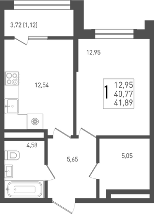 41,9 м², 1-комн. квартира, 9/9 этаж