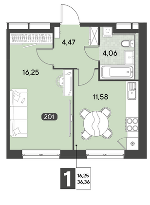 Продажа 1-комнатной квартиры 36,4 м², 3/25 этаж