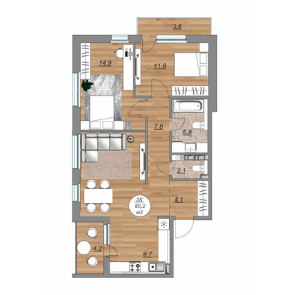 Продажа 3-комнатной квартиры 80,2 м², 6/8 этаж