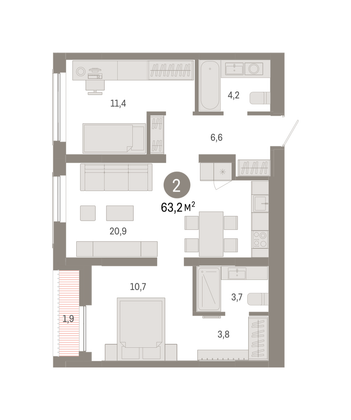 63,2 м², 2-комн. квартира, 2/9 этаж