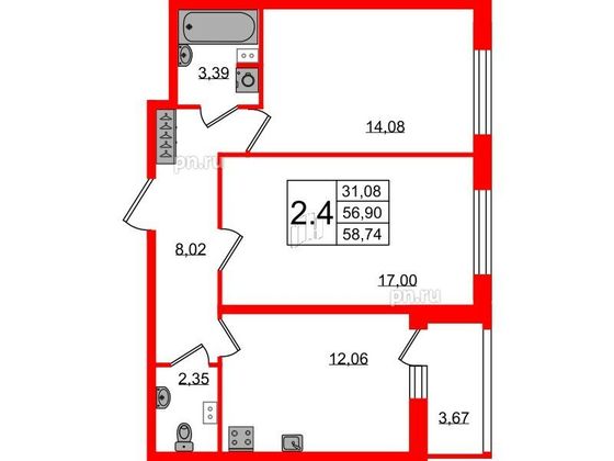 Продажа 2-комнатной квартиры 56,9 м², 1/12 этаж