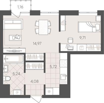 40,9 м², 1-комн. квартира, 14/24 этаж