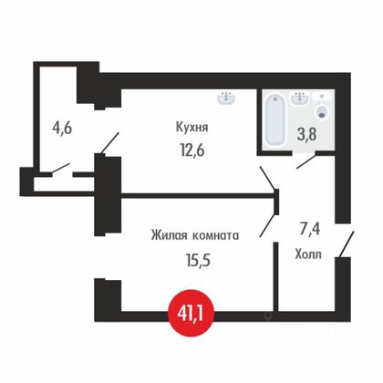 Продажа 1-комнатной квартиры 41,1 м², 6/6 этаж