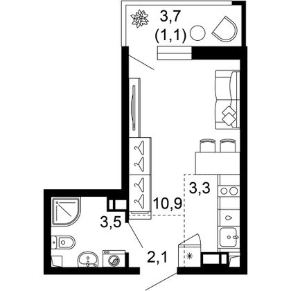 20,9 м², 1-комн. квартира, 12/12 этаж