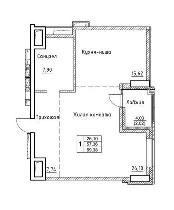 59,4 м², 2-комн. квартира, 12/17 этаж