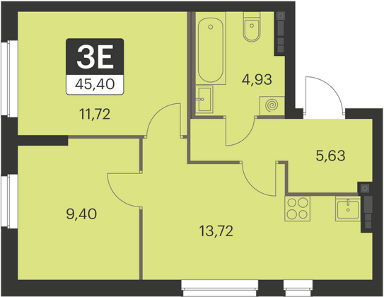 45,4 м², 2-комн. квартира, 1 этаж
