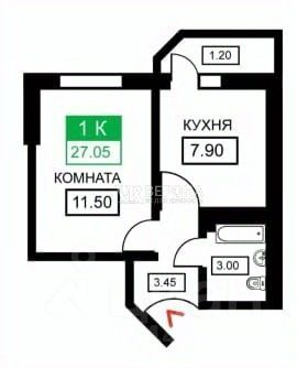 Продажа 1-комнатной квартиры 27,1 м², 3/9 этаж