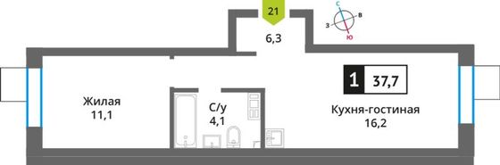 Продажа 1-комнатной квартиры 37,7 м², 4/6 этаж