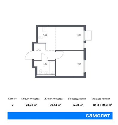 34,4 м², 2-комн. квартира, 16/17 этаж