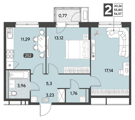 Продажа 2-комнатной квартиры 56,6 м², 9/25 этаж