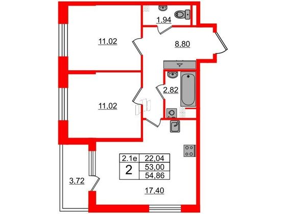 Продажа 2-комнатной квартиры 53 м², 3/5 этаж