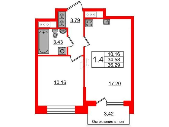 Продажа 1-комнатной квартиры 34,6 м², 4/12 этаж