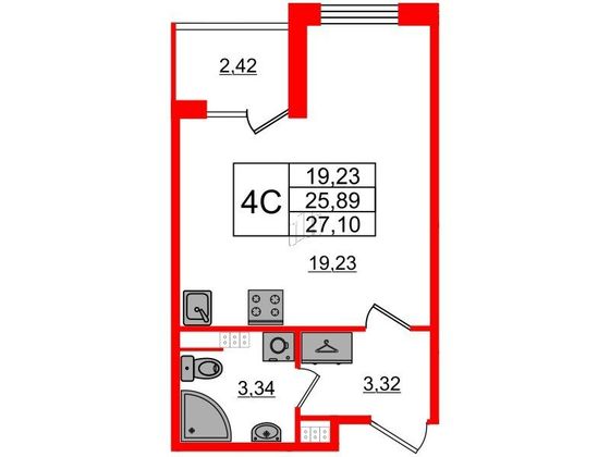 Продажа квартиры-студии 25,9 м², 4/4 этаж