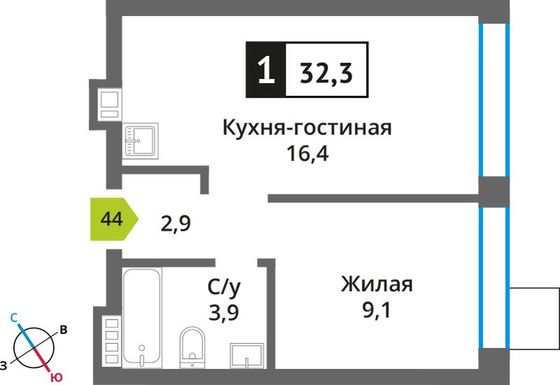 Продажа 1-комнатной квартиры 32,3 м², 7/9 этаж