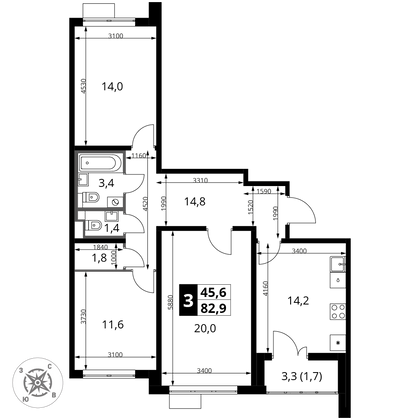 82,9 м², 3-комн. квартира, 5/22 этаж