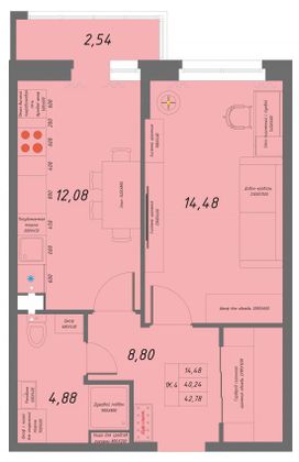 41,5 м², 1-комн. квартира, 1/8 этаж