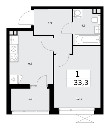 33,3 м², 1-комн. квартира, 15/15 этаж