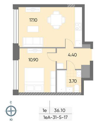 Продажа 1-комнатной квартиры 36,1 м², 16/30 этаж
