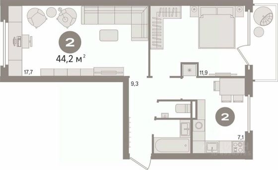 Продажа 2-комнатной квартиры 44,2 м², 5/5 этаж